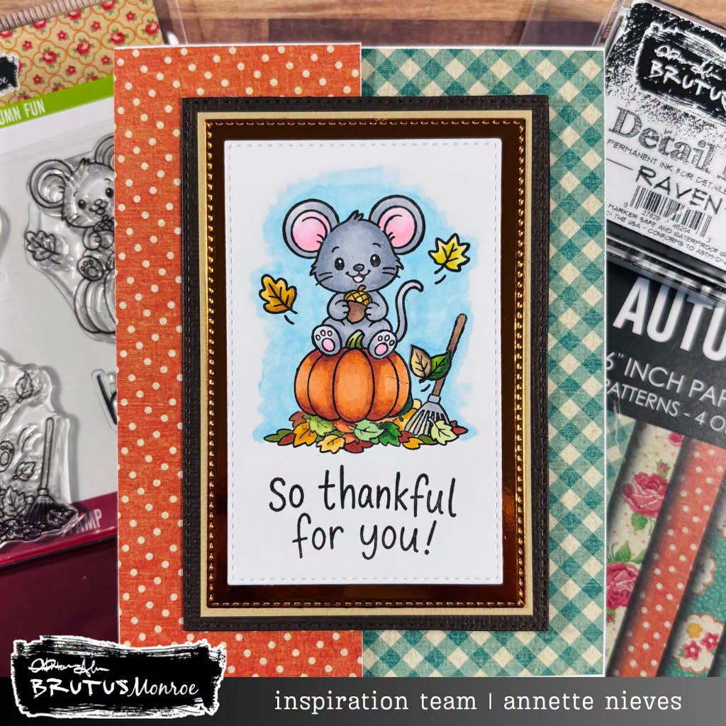 Brutus Monroe Theodore's Autumn Fun Clear Stamp Set bru2171-2 mouse sitting on pumpkin leaves rake so thankful for you card annette nieves