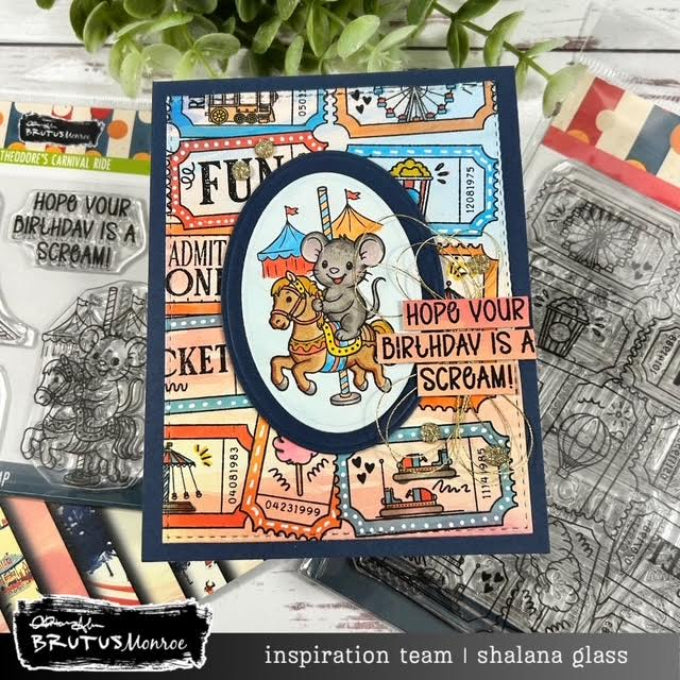 Brutus Monroe Theodore's Carnival Ride Clear Stamp Set bru7828 mouse on carousel horse tickets background card shalana glass