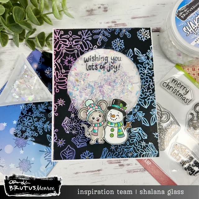Brutus Monroe Theodore's Second Christmas Clear Stamp Set bru3450 mouse with snowman glimmer snowflake shaker wishing you joy card shalana glass