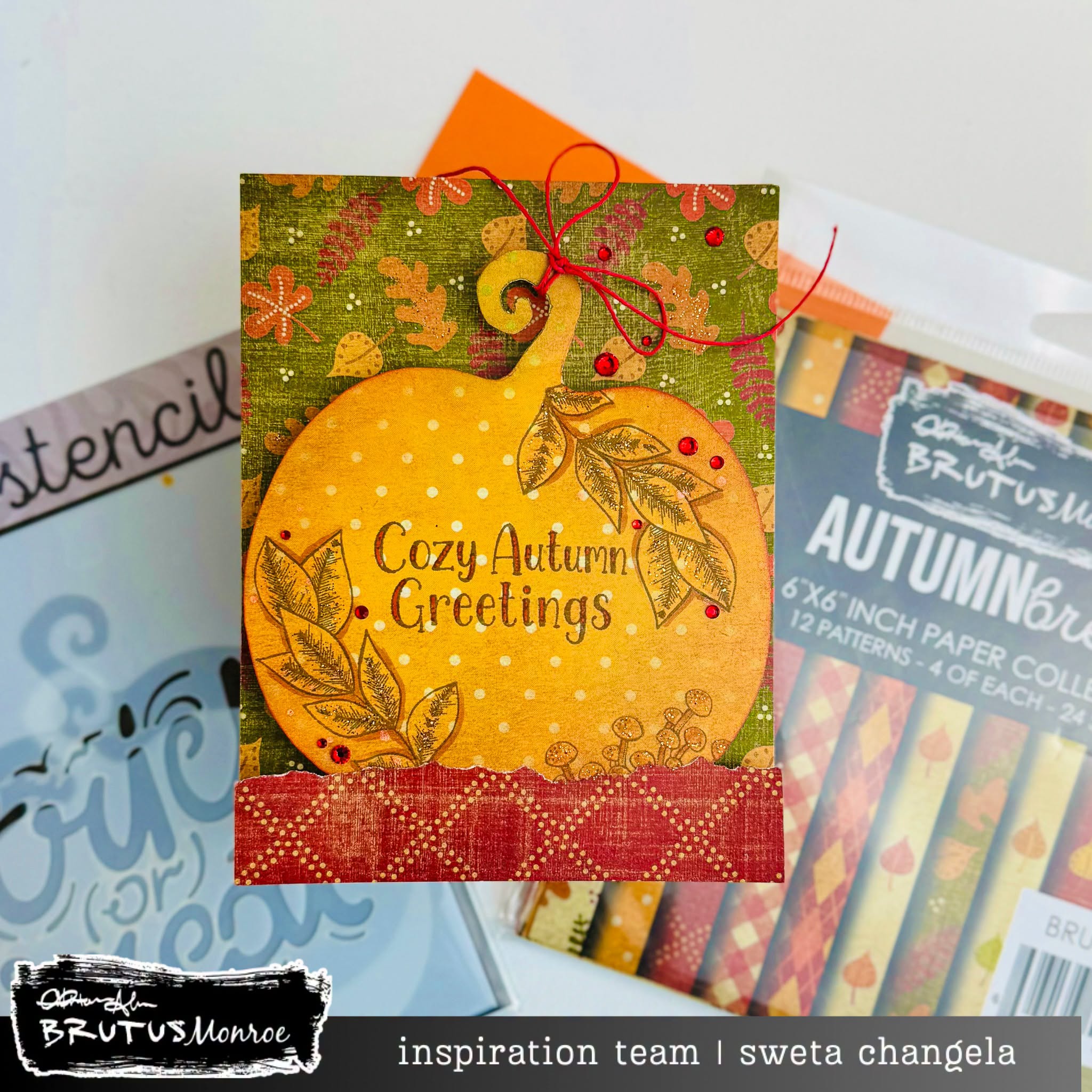Brutus Monroe Trick or Treat A2 Layering Stencils bru5870 pumpkin leaves red bow cozy autumn greetings card sweta changela