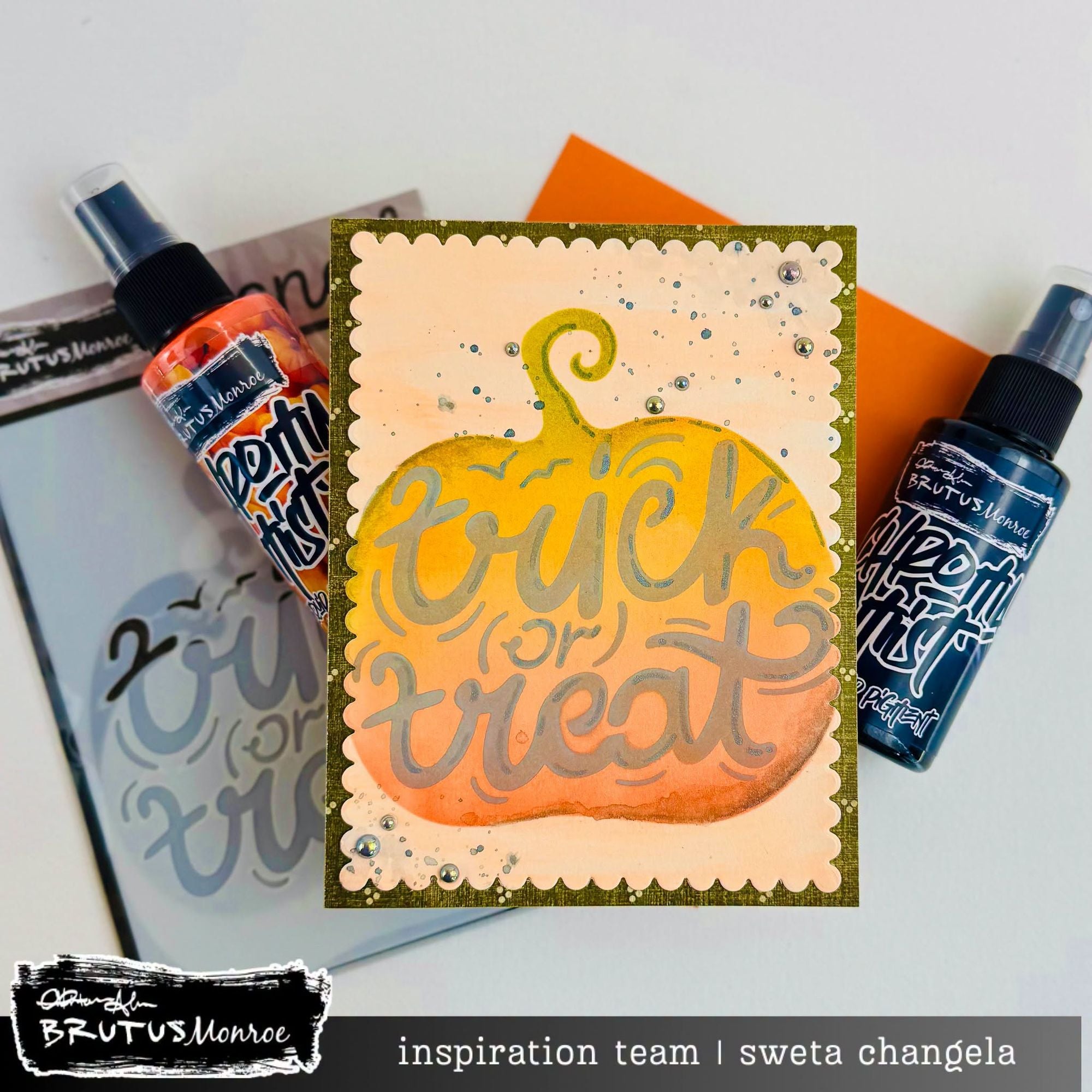 Brutus Monroe Trick or Treat A2 Layering Stencils bru5870 pumpkin silver pearls green trim card sweta changels