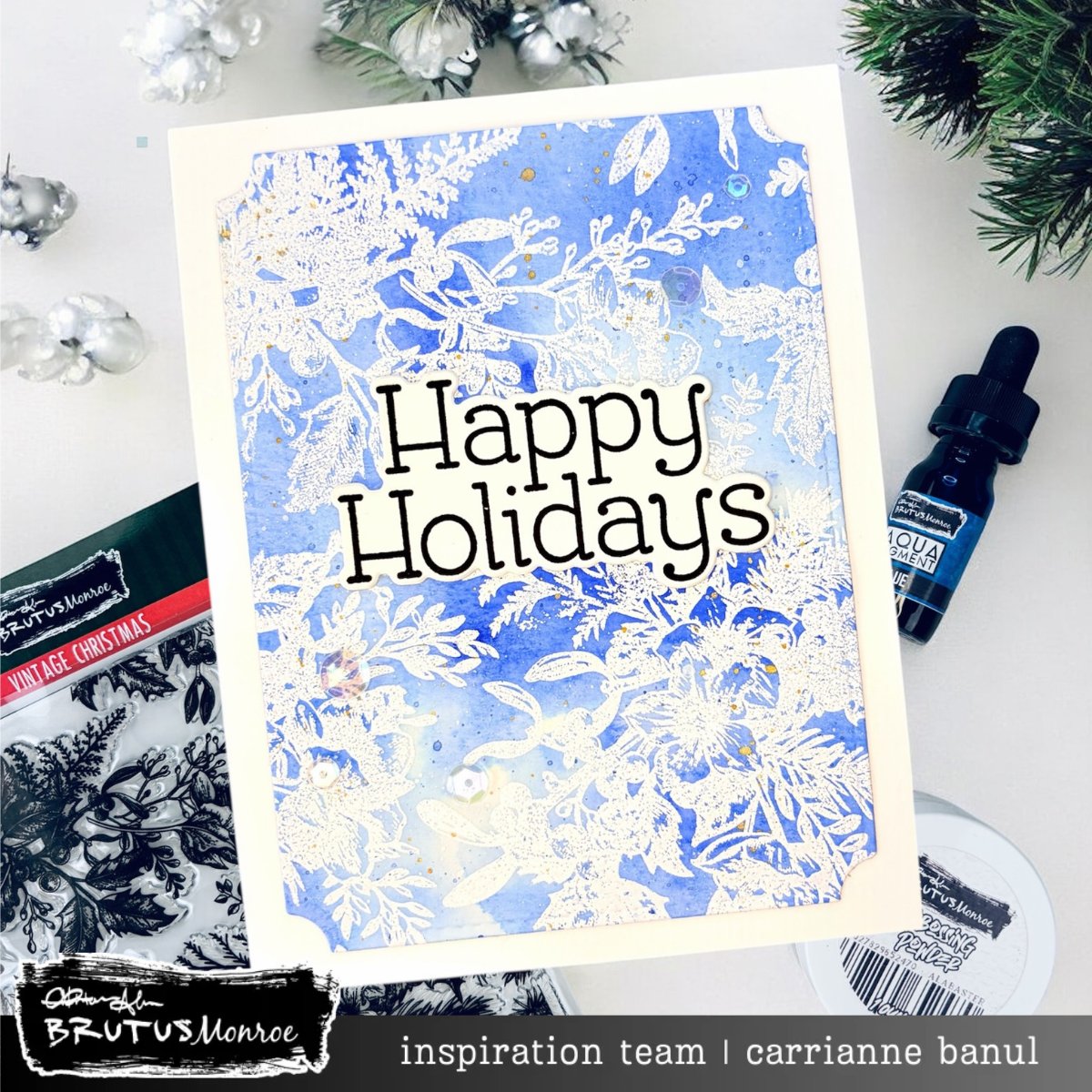 Brutus Monroe Vintage Christmas Clear Stamp bru3462 blue background with white border happy holidays card carrianne banul