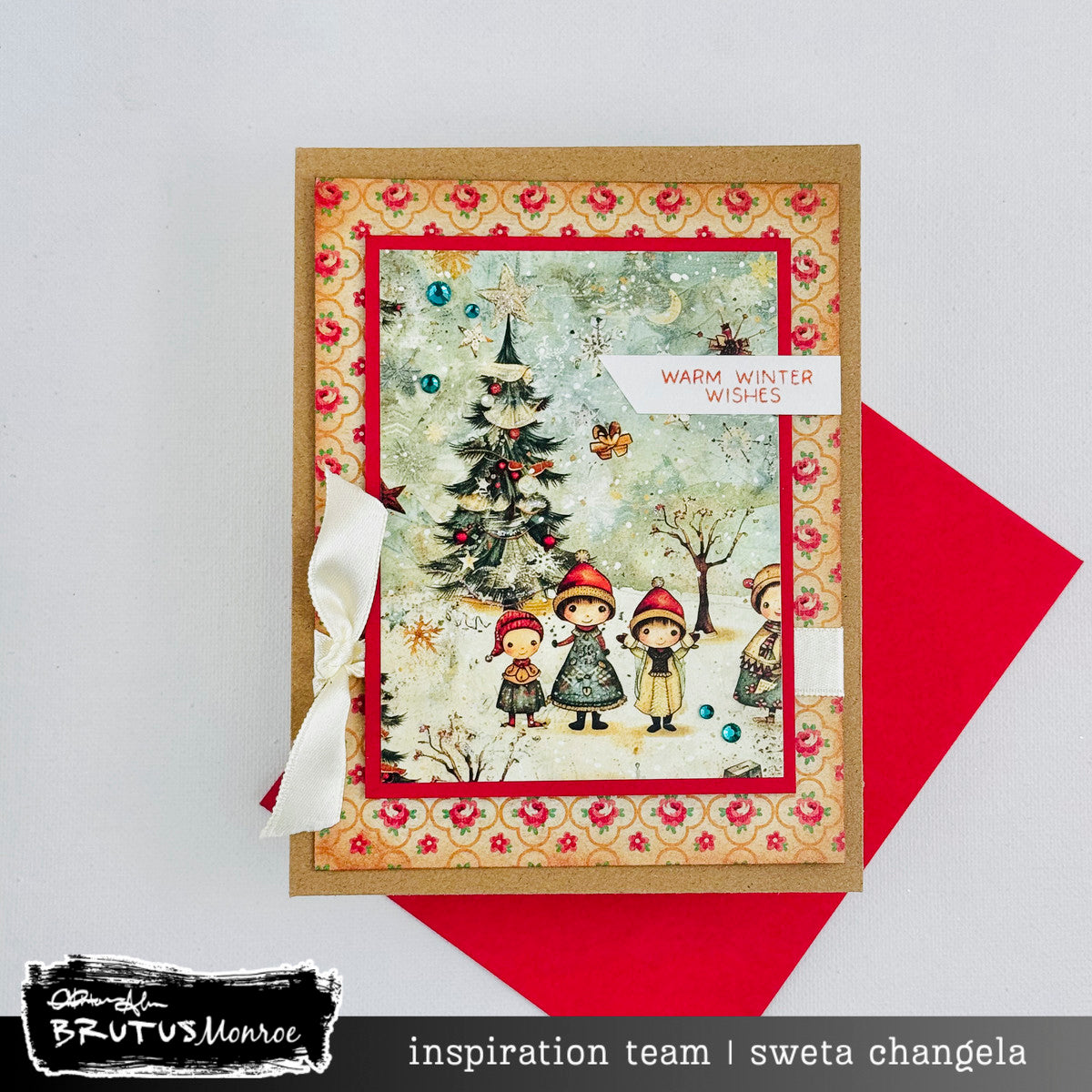 Brutus Monroe Winter Nostalgia Creative Cards bru4007 christmas tree kids playing in snow blue pearls warm winter wishes card sweta changela