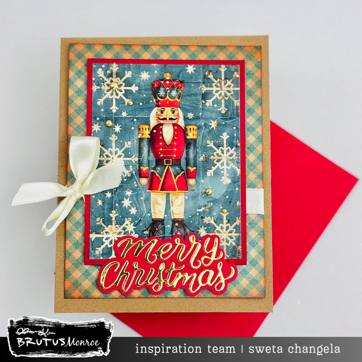 Brutus Monroe Winter Nostalgia Creative Cards bru4007 nutcracker snowflakes background white bow merry christmas card sweta changela