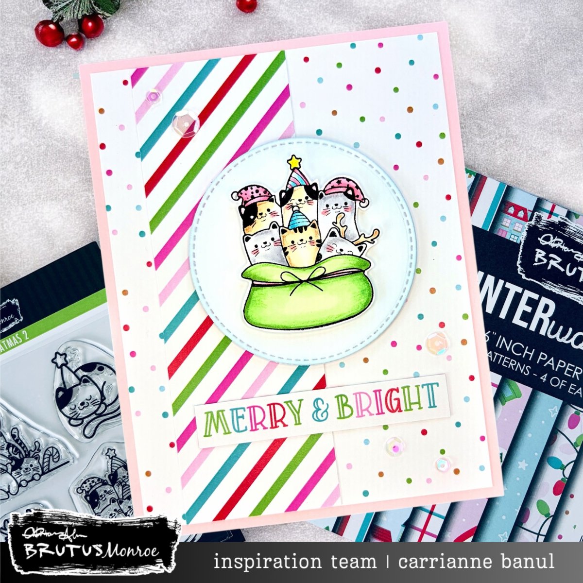 Brutus Monroe Winter Wonderland 6x6 Paper Pad bru8197-3 cats in green bag pink sequins polkadots merry and bright card carrianne banul