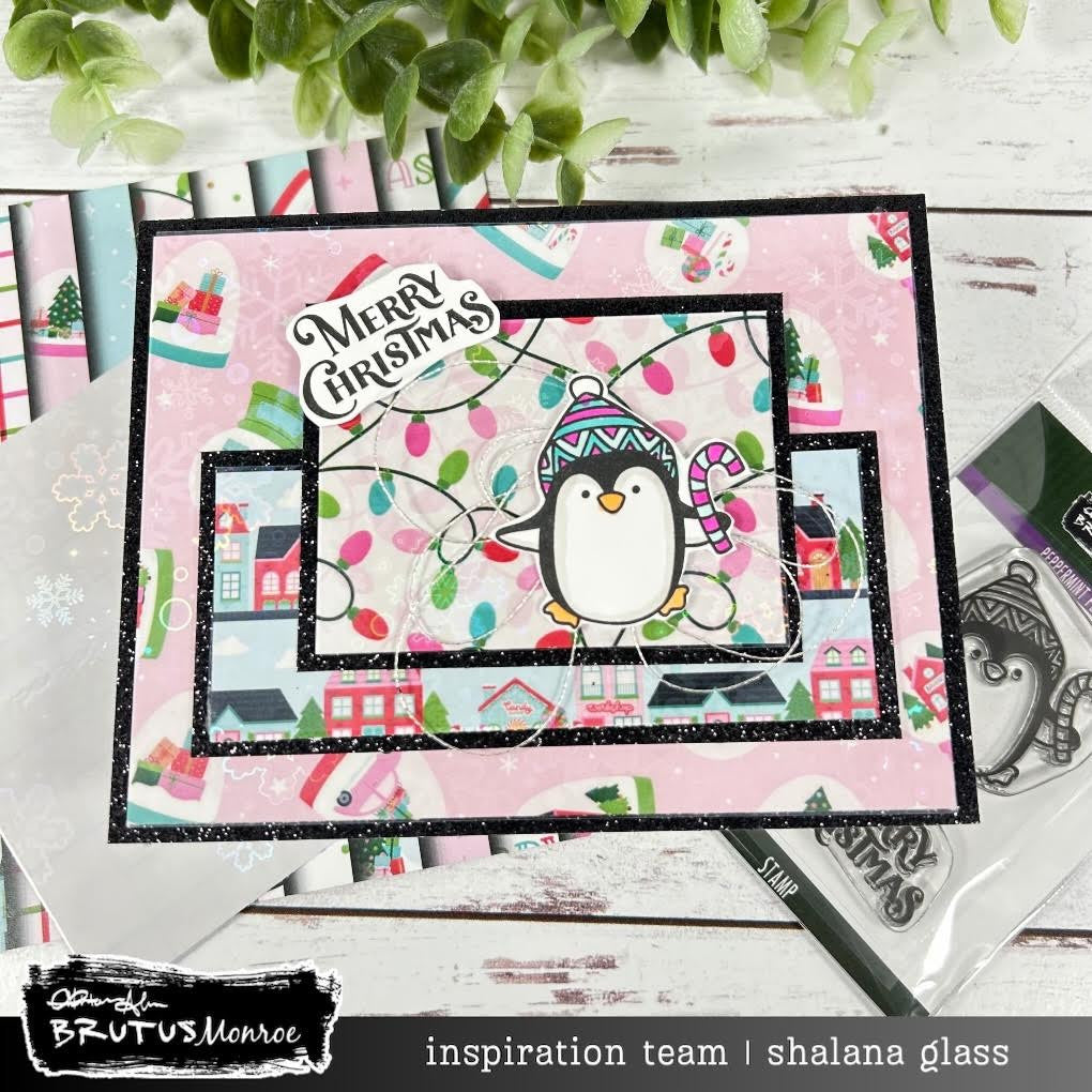 Brutus Monroe Winter Wonderland 6x6 Paper Pad bru8197-3 penguin with candy cane christmas lights presents houses ,erry christmas card shalana glass
