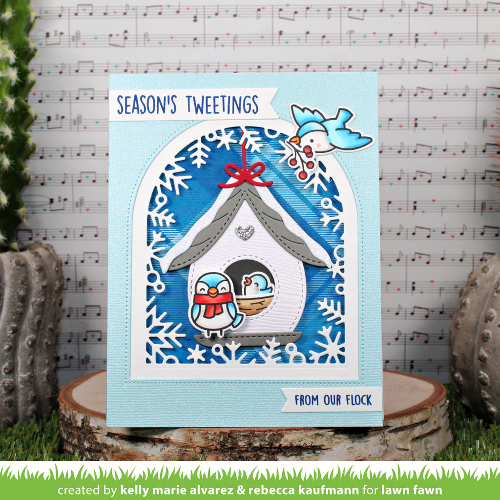 Lawn Fawn Set Build-A-Birdhouse and Christmas Add-On Dies seaon's tweetingss