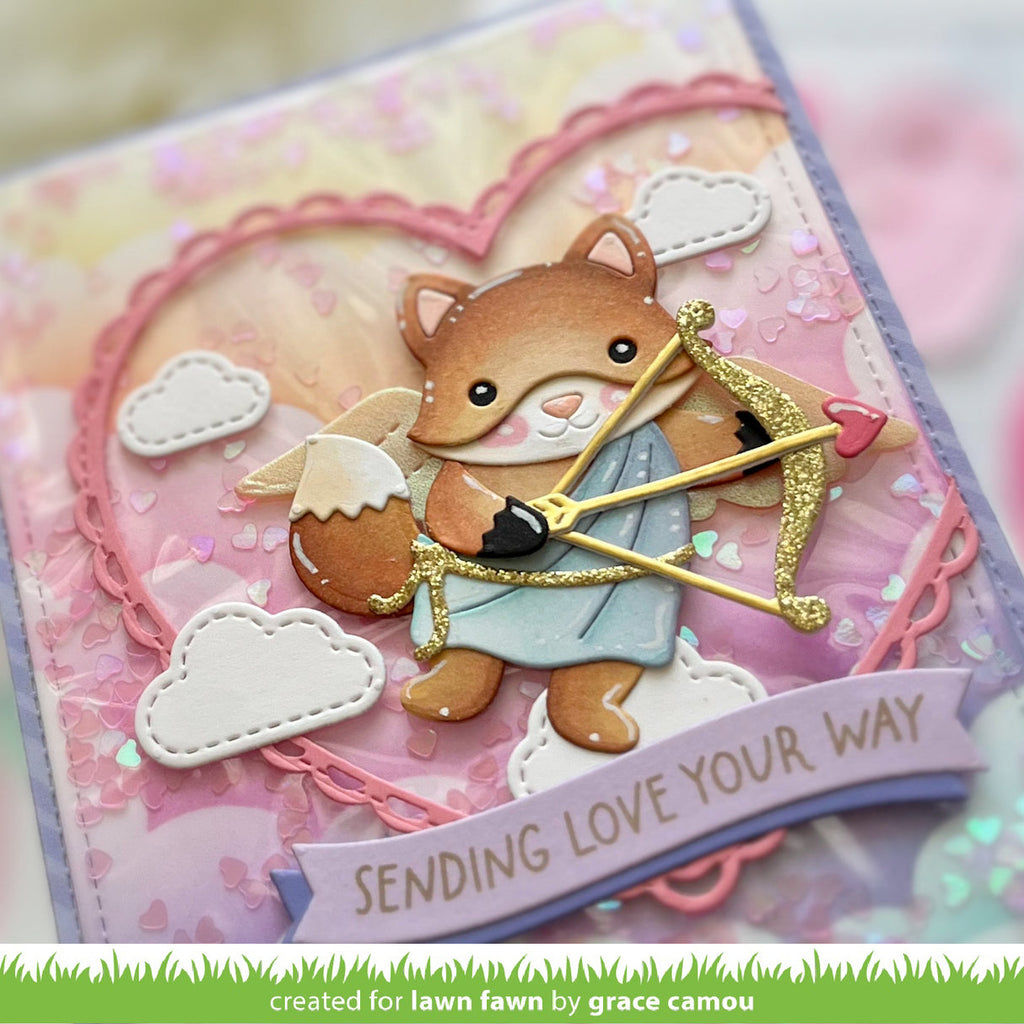 Card with a fox character holding an arrow, surrounded by hearts and clouds on a pink background.