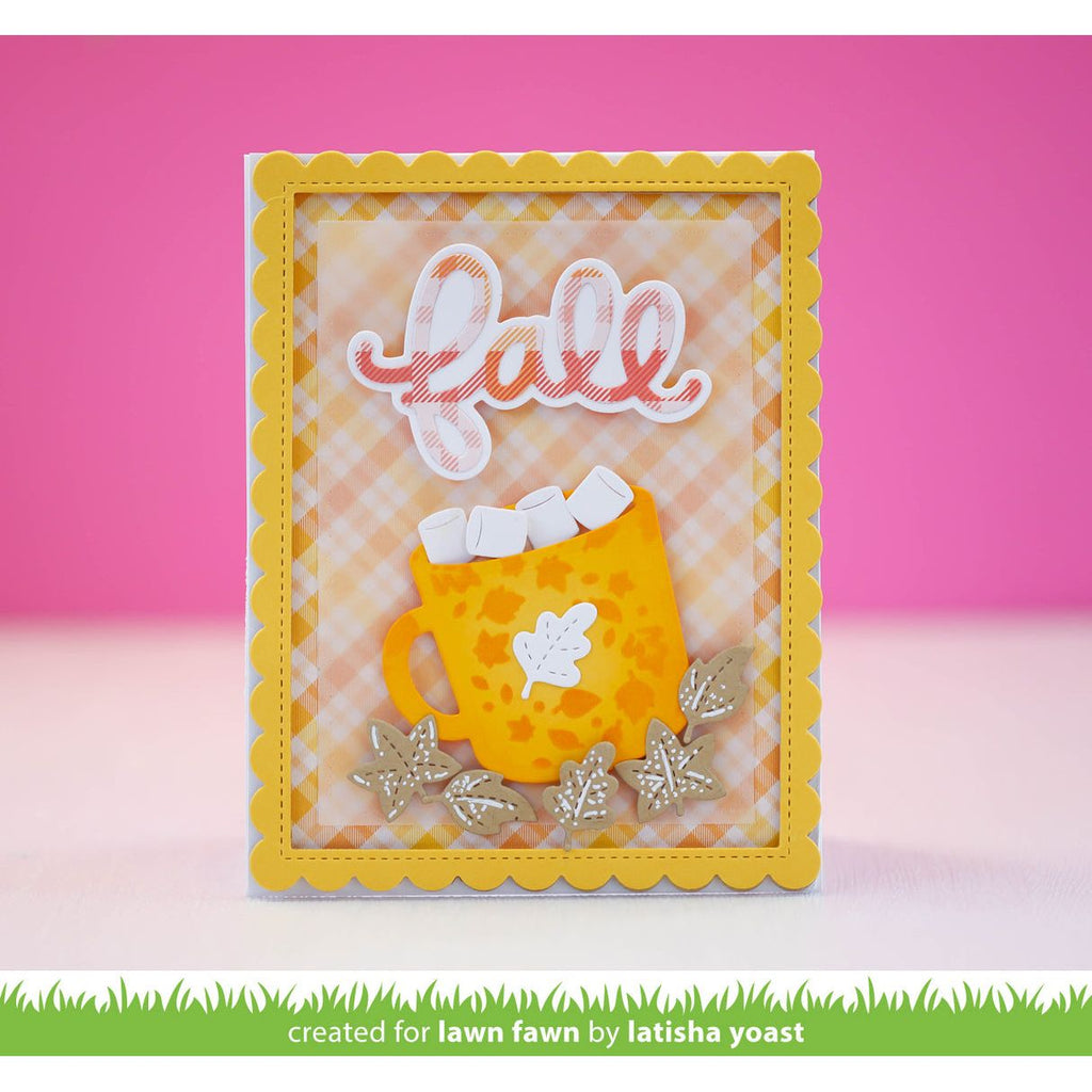 Card with 'fall' text and a mug design on a pink background