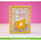 Card with 'fall' text and a mug design on a pink background