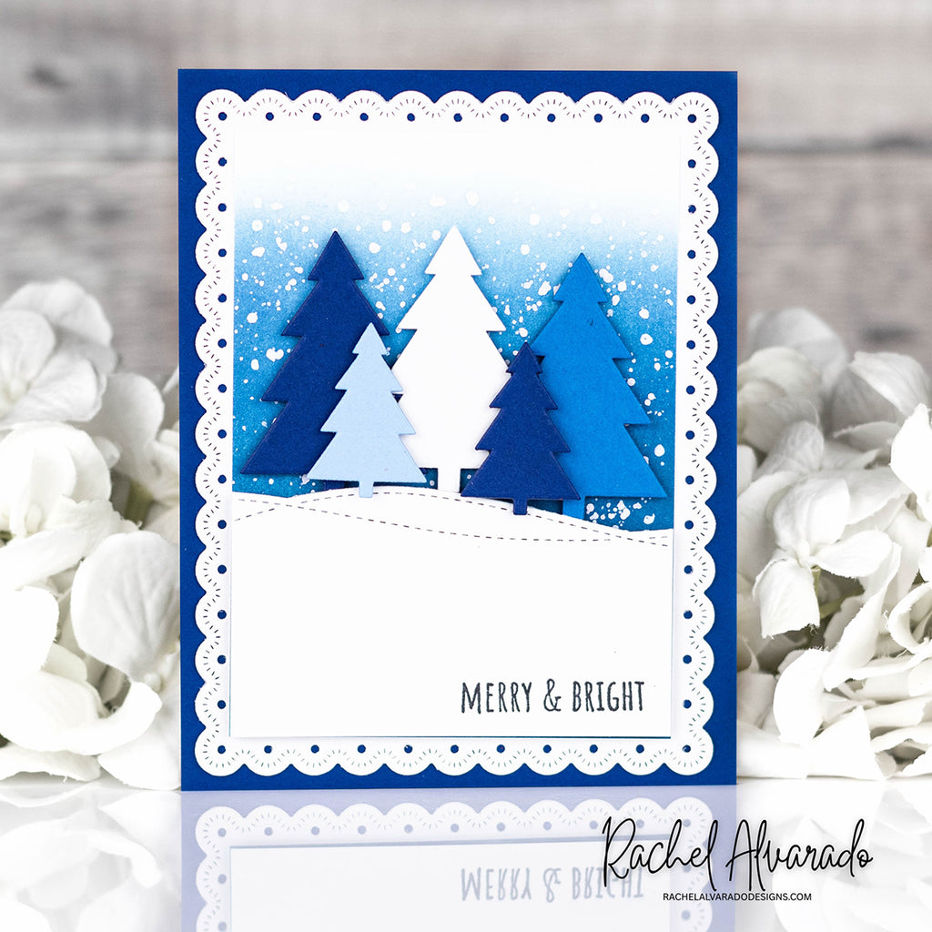 CZ Design Simple Trees Wafer Dies czd317 Sending Cheer Rachel Alvarado Blue and White Christmas Card