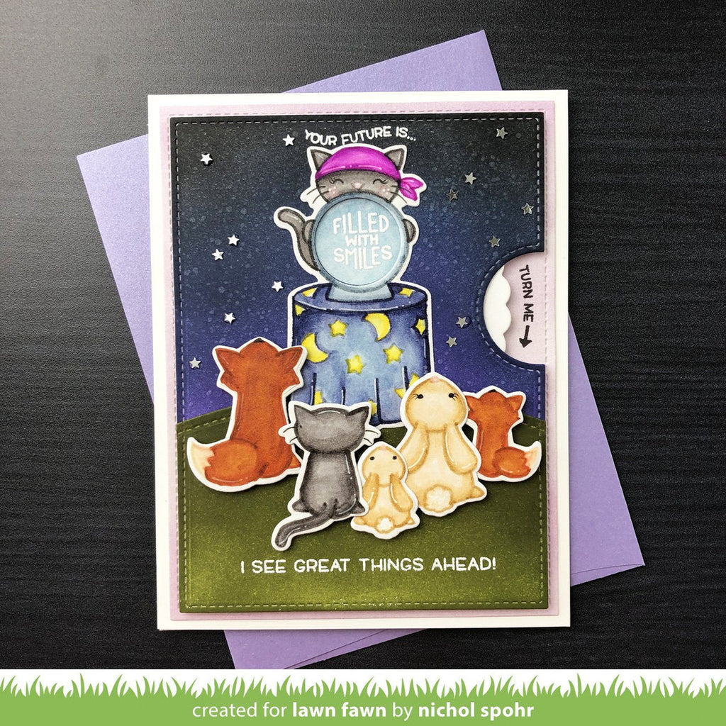 Card featuring Fortune Teller Tabby Cat and Animals Awaiting their fortune with interactive element