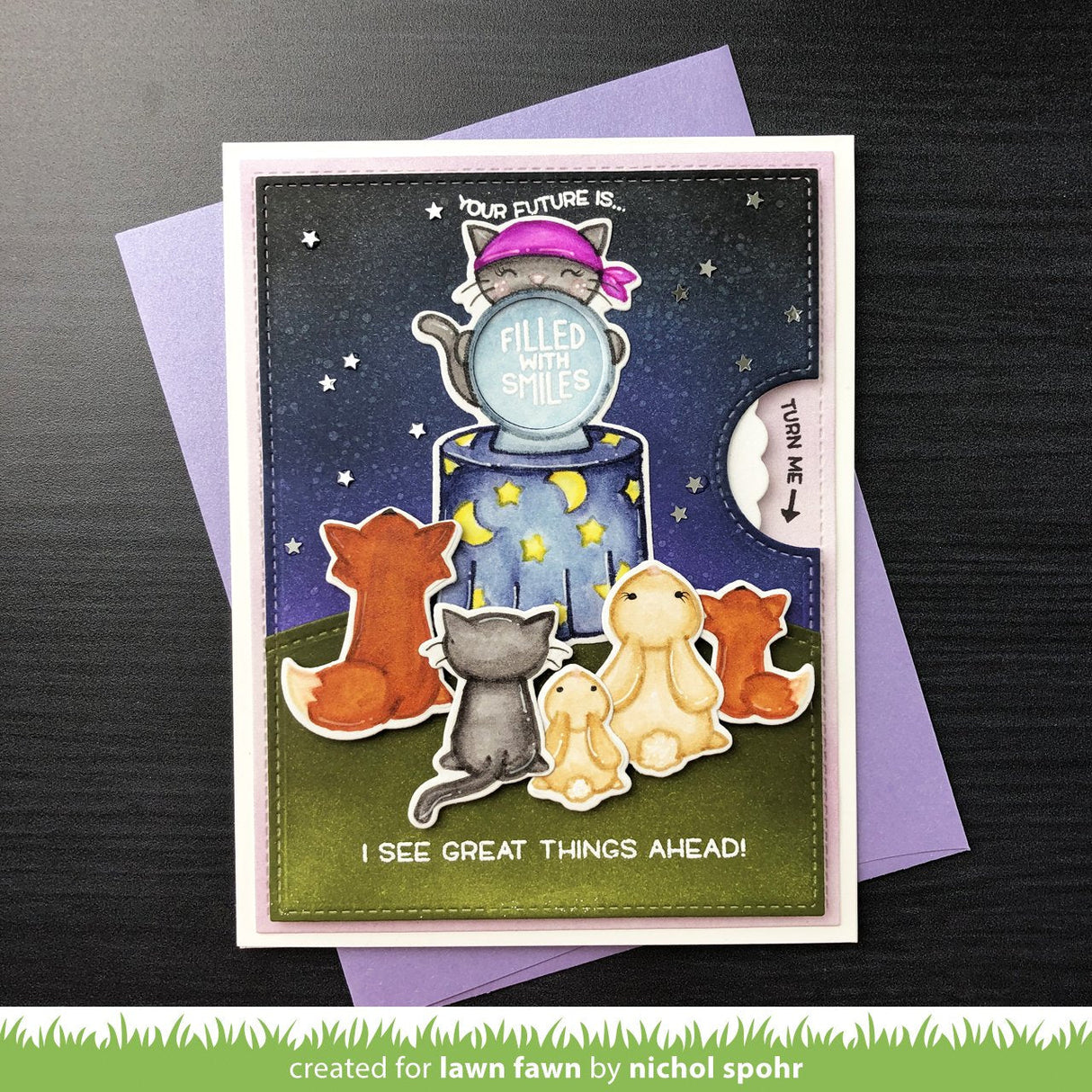 Card featuring Fortune Teller Tabby Cat and Animals Awaiting their fortune with interactive element