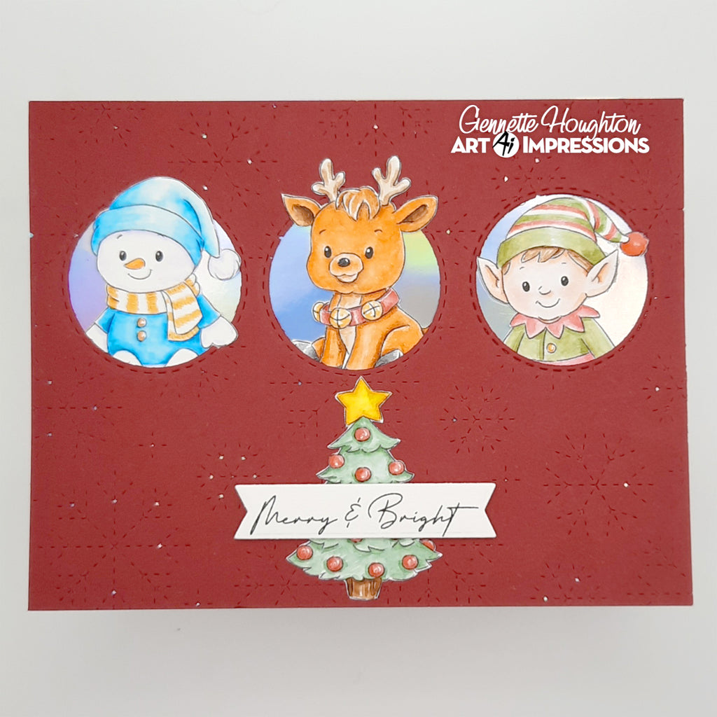 Card with Christmas-themed illustrations of a snowman, reindeer, elf, and Christmas tree on a red background.