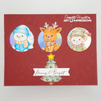 Card with Christmas-themed illustrations of a snowman, reindeer, elf, and Christmas tree on a red background.