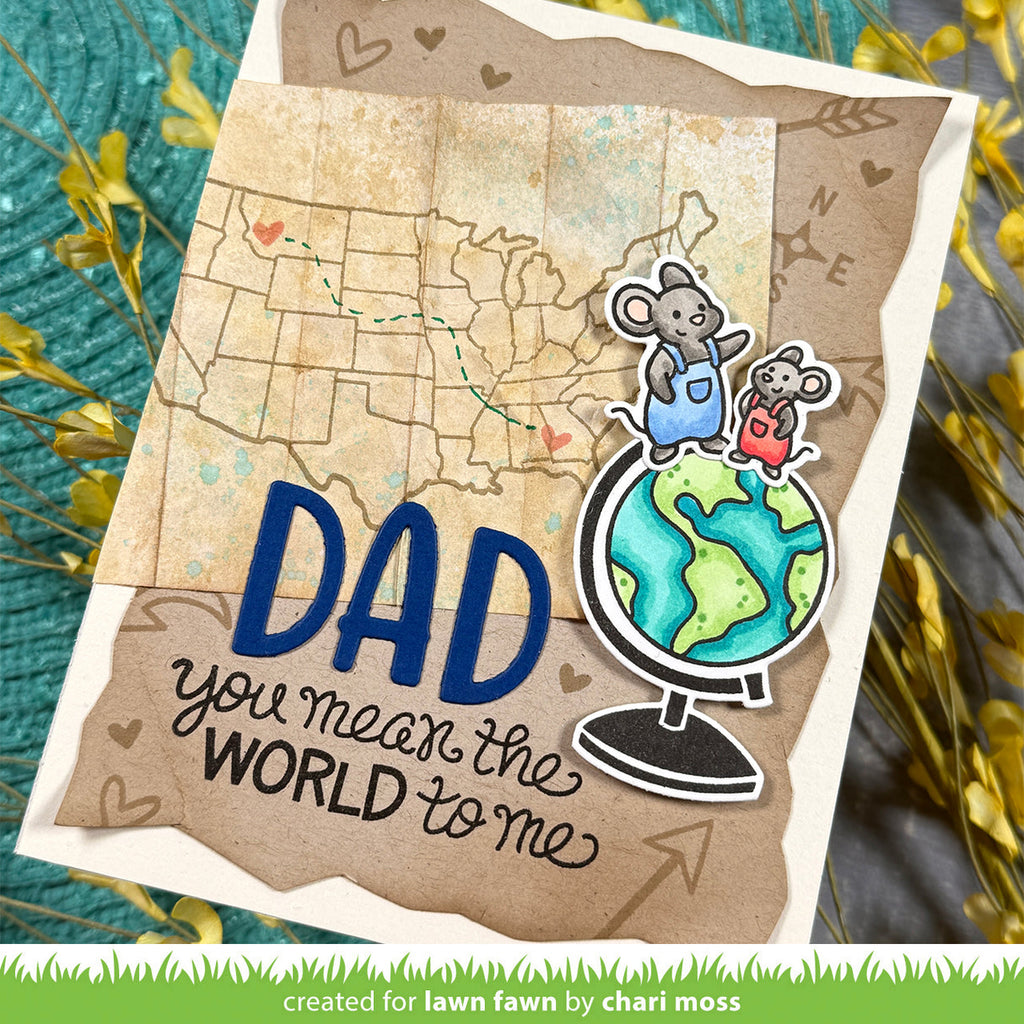 Card with 'Dad, you mean the world to me' text and cartoon mice on a globe, surrounded by decorative elements.