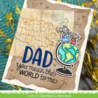 Card with 'Dad, you mean the world to me' text and cartoon mice on a globe, surrounded by decorative elements.