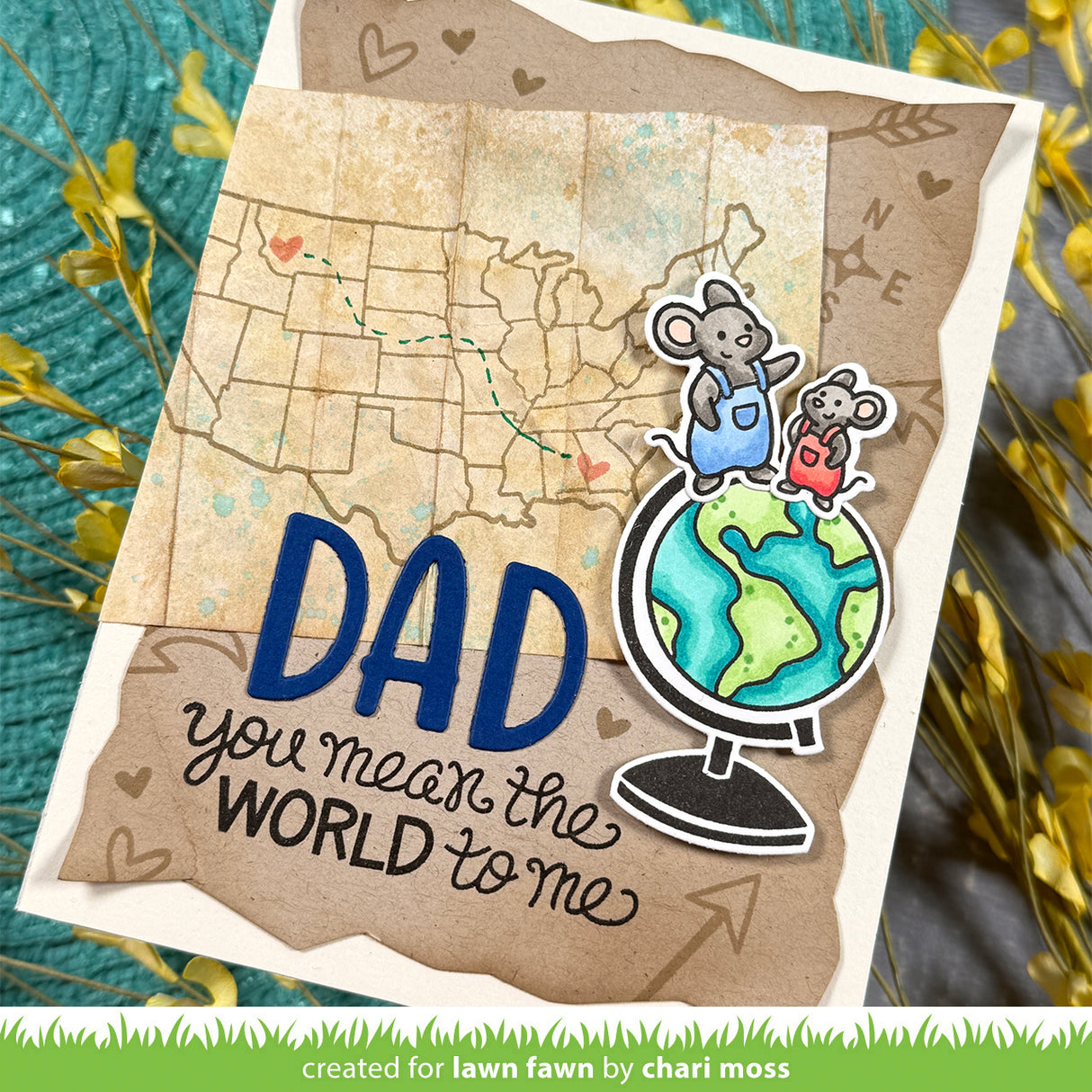 Card with 'Dad, you mean the world to me' text and cartoon mice on a globe, surrounded by decorative elements.