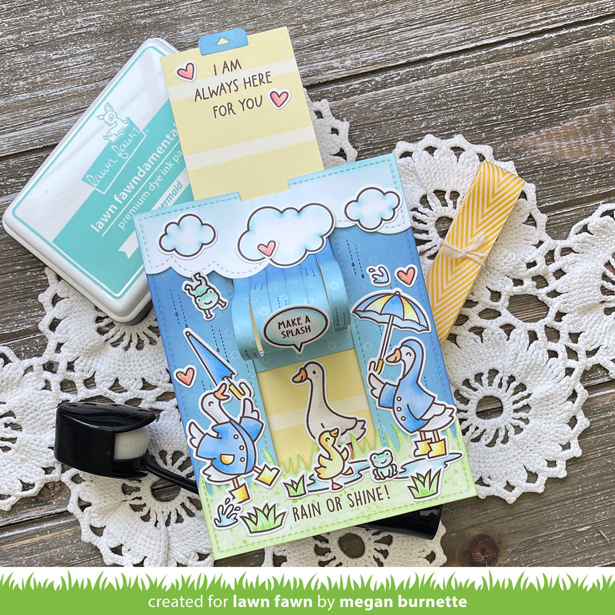 Card with Ducks in Raincoats with interactive element and sentiment 'I'm always here for you rain or shine' 