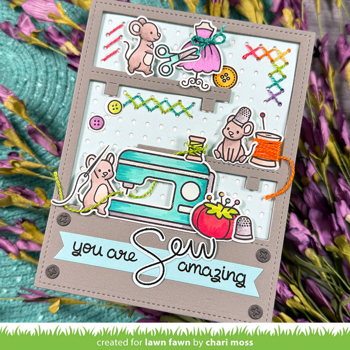 Card with Mice Sewing and Pegboard Background with sentiment You are Sew Amazing