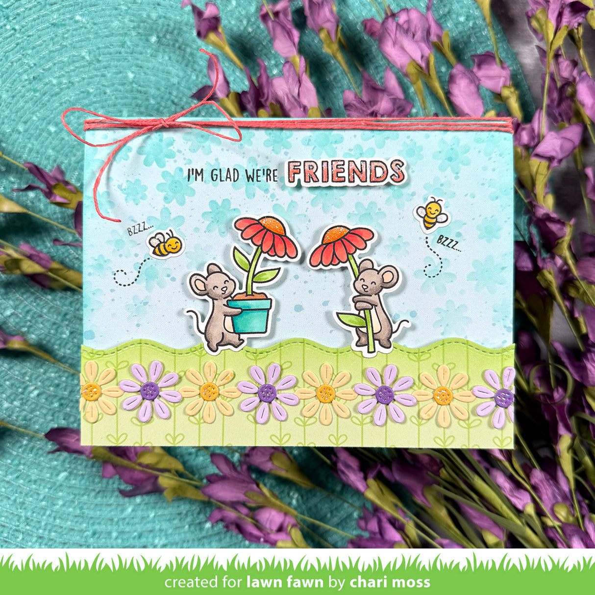 Card with Mice and Flowers and sentiment 'I'm Glad We're Friends'