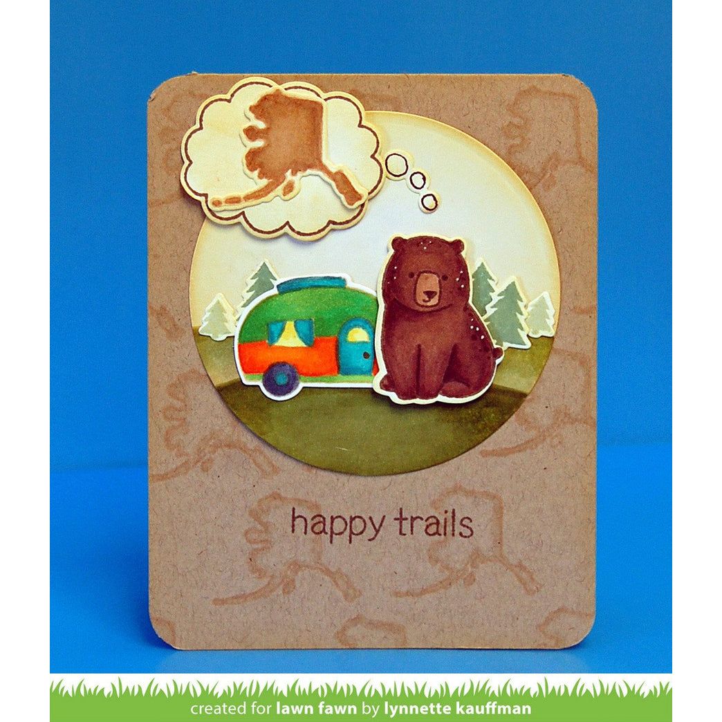 Card with a bear and camper design with 'Happy Trails' sentiment