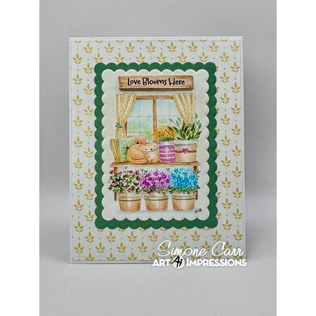 Card with a cat and flower pots design on a patterned background, featuring the brand 'Art Impressions'.