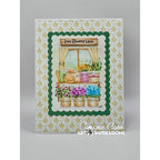 Card with a cat and flower pots design on a patterned background, featuring the brand 'Art Impressions'.