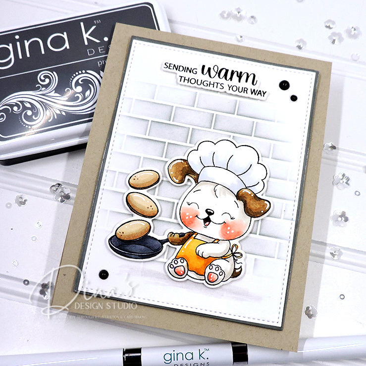 Card with a cute dog chef design and 'Sending warm thoughts your way' text, featuring Gina K. Designs.