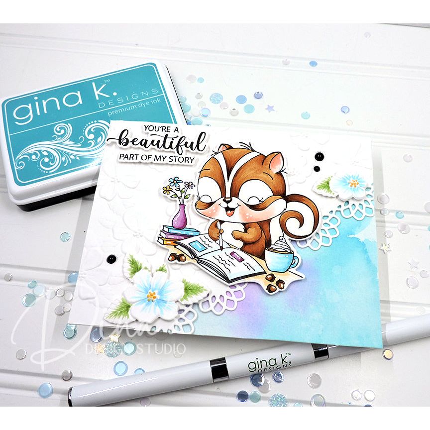 Card with a cute squirrel journaling, surrounded by flowers and text, with 'gina k. Designs' products.