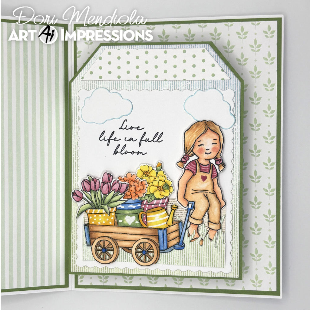 Card with a girl and flower cart design, featuring Art Impressions branding.
