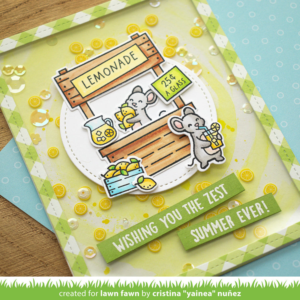 Card with a lemonade stand illustration and text 'Wishing you the zest summer ever!' on a colorful background.