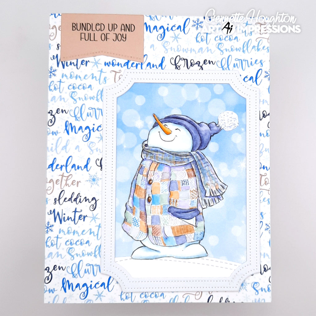 Card with a snowman illustration and winter-themed text on a light gray background