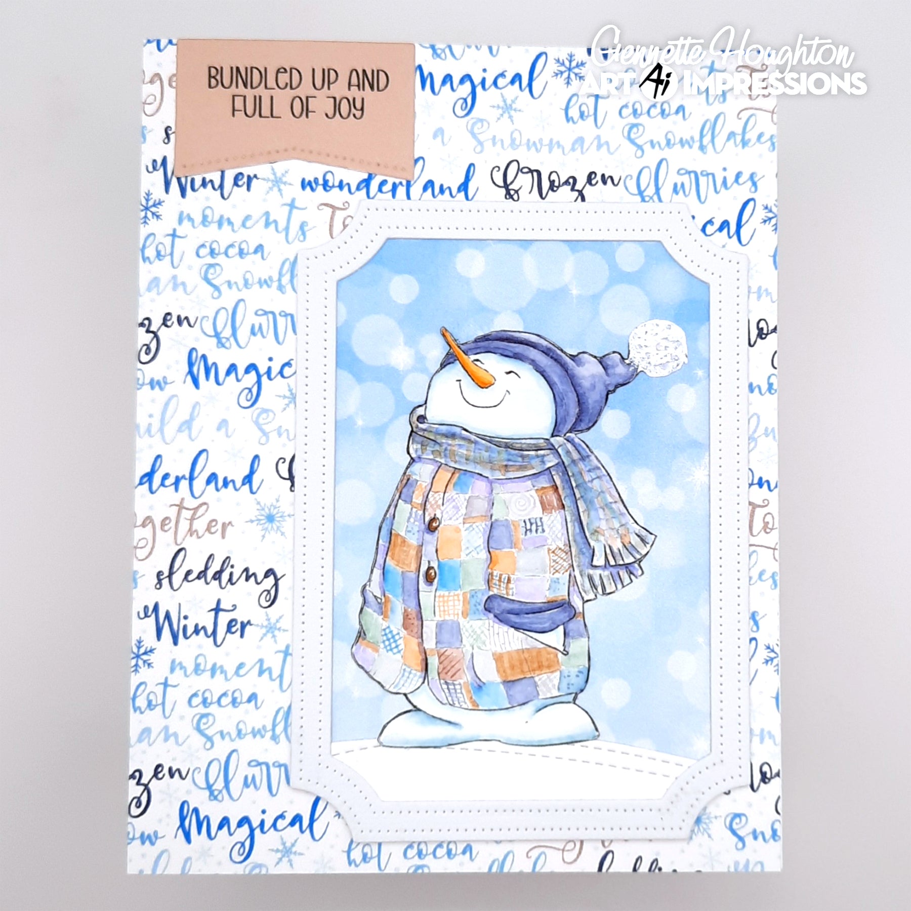 Card with a snowman illustration and winter-themed text on a light gray background