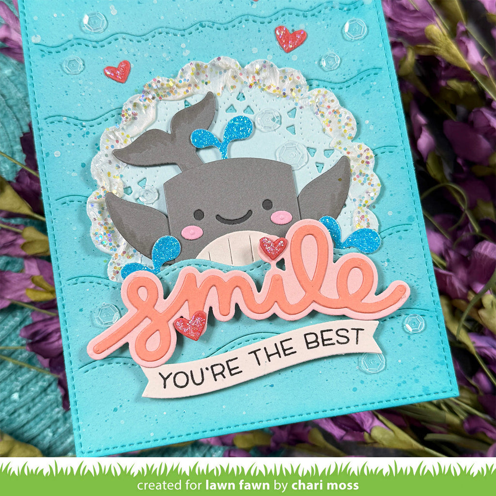 Card with a whale and 'smile you're the best' text on a colorful background