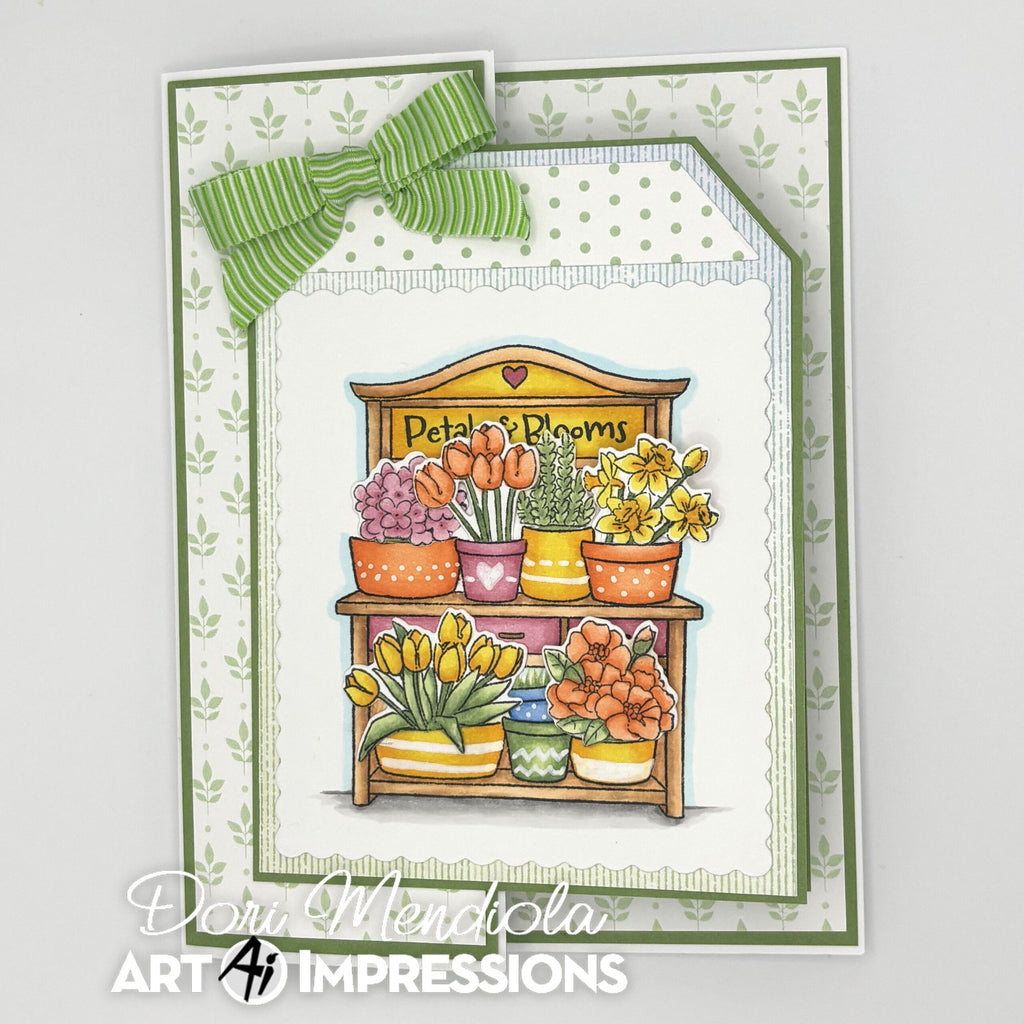 Card with a wooden potting bench and potted plants, featuring Art Impressions branding.