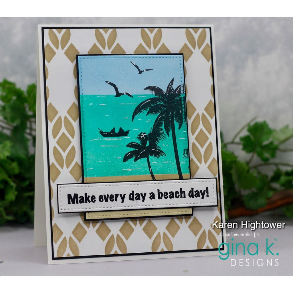 Card with beach scene and 'Make every day a beach day!' text, featuring palm trees and a boat.