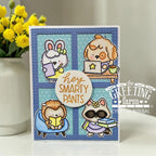 Card with cartoon animals and text 'Hey Smarty Pants' by The Greeting Farm, next to a vase of yellow tulips.