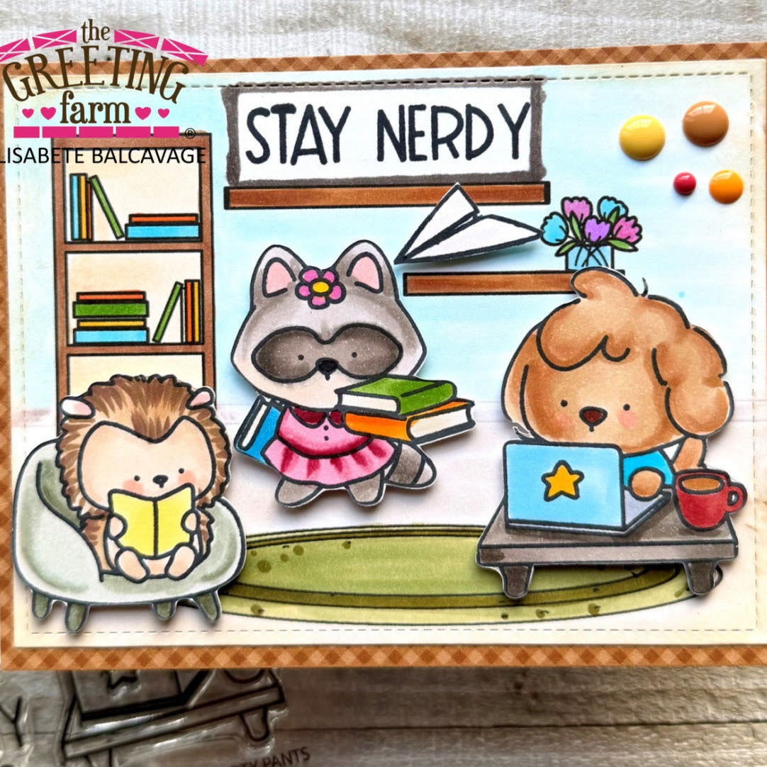 Card with cartoon animals reading and a 'Stay Nerdy' sign, featuring 'The Greeting Farm' branding.