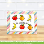 Card with cartoon fruits and 'Have a Fruity Day!' text on a striped background