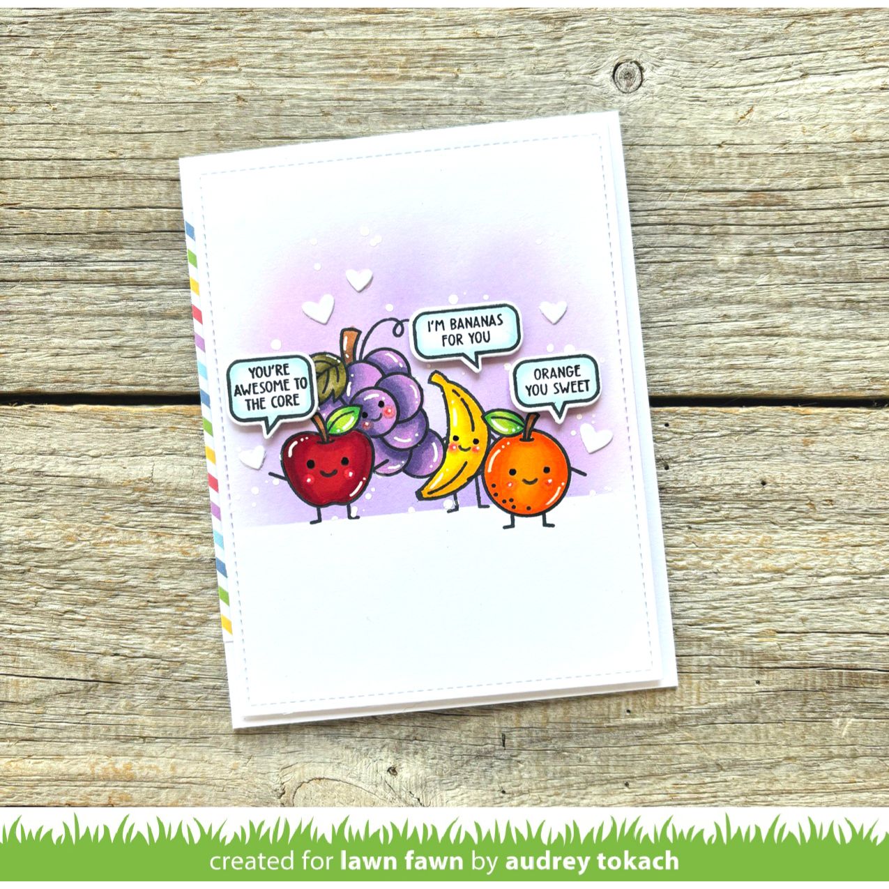 Card with cartoon fruits and speech bubbles with punny sentiments