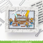 Card with cartoon mice and tools on a white background with construction-themed elements.