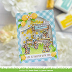 Card with cartoon mice selling lemonade, surrounded by lemons and a checkered background and sentiment 'Life is Sweeter with You'