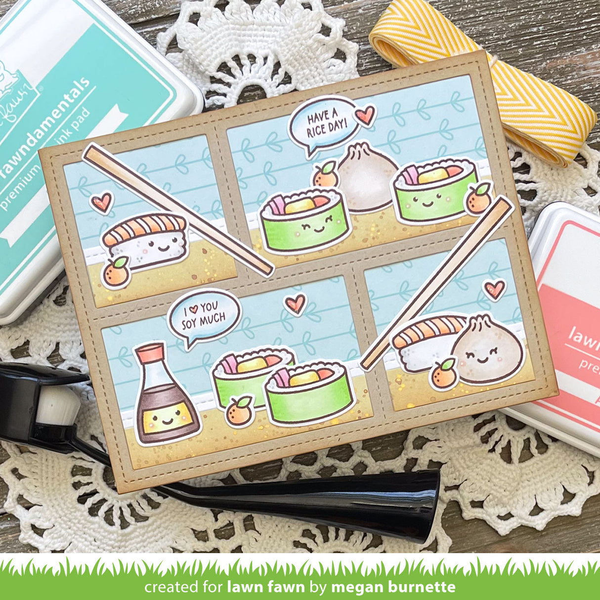 Card with cute sushi imagery in panel format with sentiments 'Have a rice day' and 'I love you soy much'
