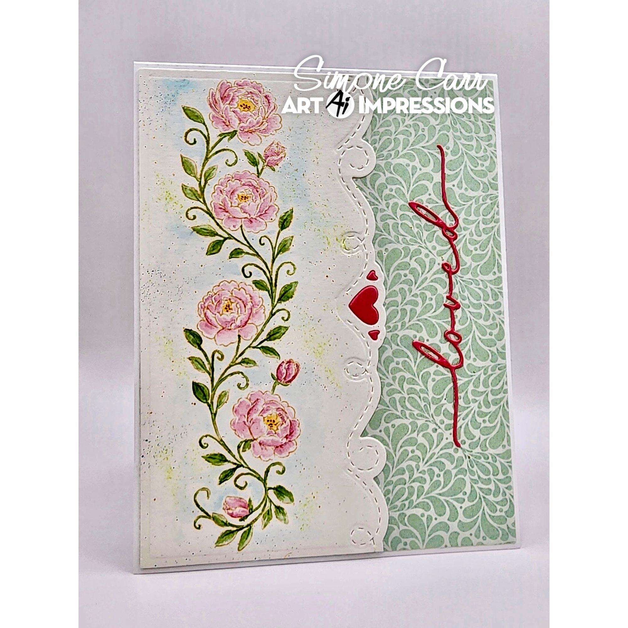 Card with floral design and 'love' text on a textured background, featuring Art Impressions branding.