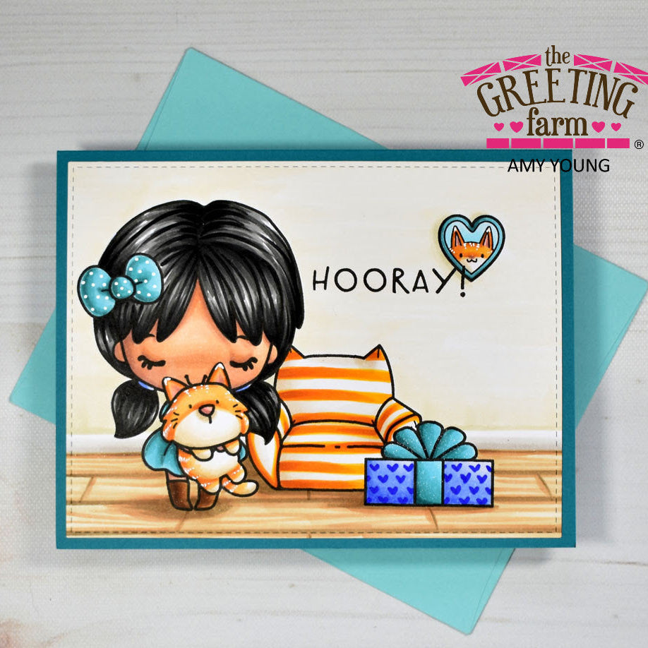 Card with girl and cat, featuring 'The Greeting Farm' and 'Amy Young'.