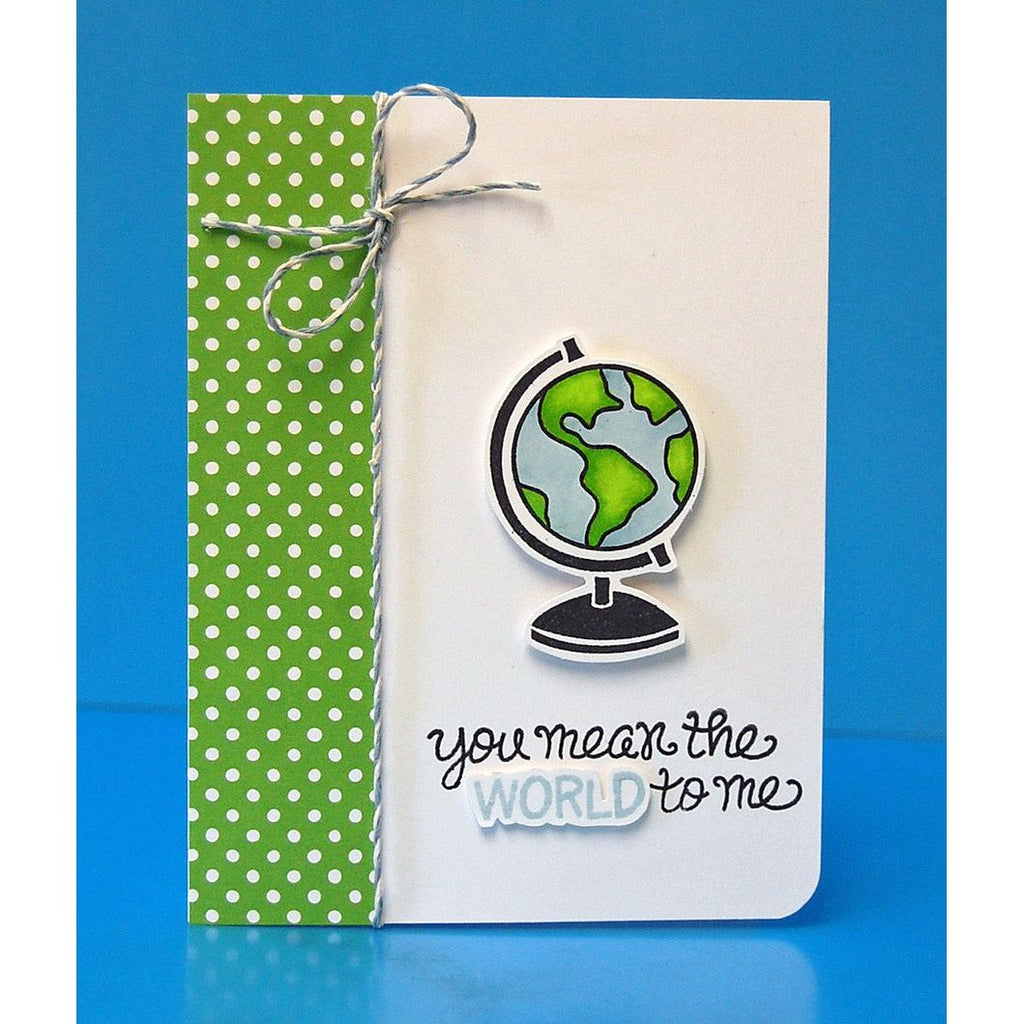 Card with globe design and text 'you mean the world to me' on a blue background