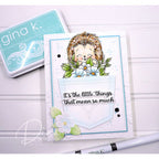 Card with hedgehog design and floral elements, featuring 'gina k' branding including the sentiment 'it's the little things that mean so much'