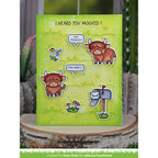Card with highland cows and mailbox on a green background, featuring text 'I Heard You Mooved!' and 'Cow Grats!'.
