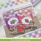 Card with jam jar design, mice, and strawberry, featuring text 'You're Totally My Jam'.